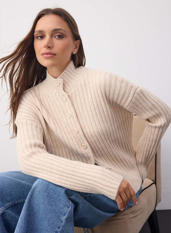 trendyol Wardrobe Essentials Stone Stand Collar Wide Fit Ribbed Soft Textured Knitwear Cardigan | - Image 1