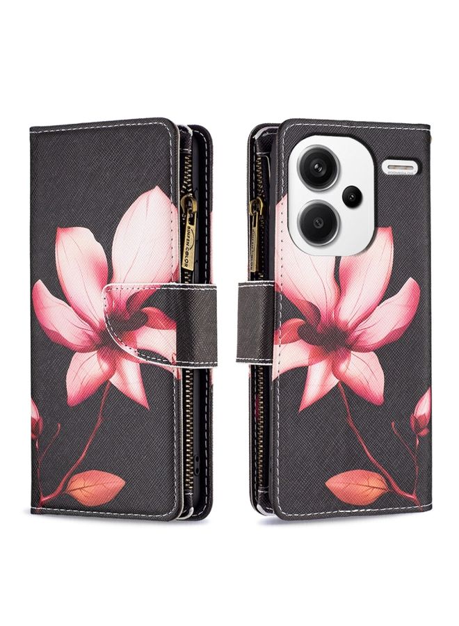 Case Cover For Xiaomi Redmi Note 13 Pro+ 5G Colored Drawing Pattern Zipper Leather Phone Case Lotus