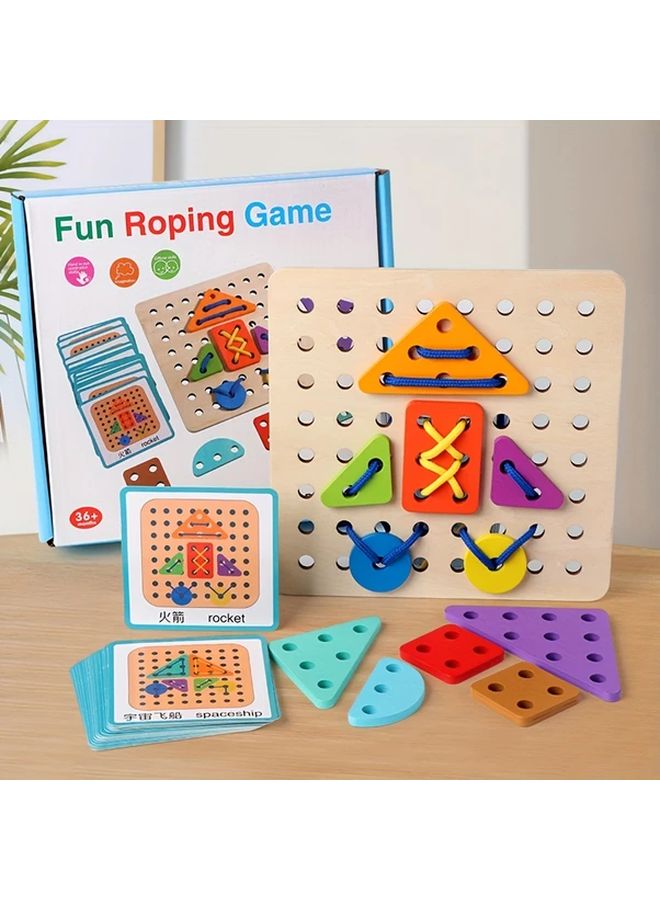 Wooden Roping Game Puzzle Set Geometric Shapes Color Sorting Fine Motor Skills Sensory Educational Toy - Image 1