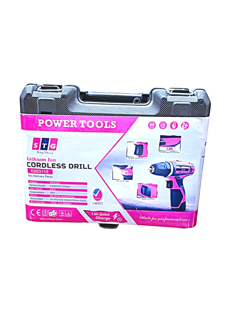 مثقاب لاسلكي من اس تي جي ESG3112 | مثقاب كهربائي 12 فولت مع بطارية وشاحن | سرعة متغيرة