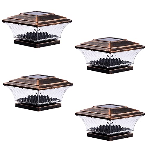 HUYIENO Solar Post Cap Lights Outdoor LED Lighting Deck Fence Cap Light Two Light Modes Warm White/Bright White Suitable for 4x4 Wooden Posts Brushed Copper 4PK - Image 1