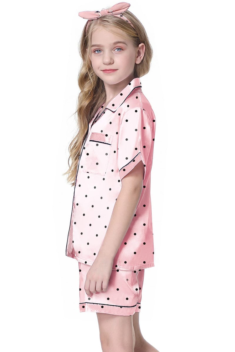 Schbbbta Kids Pajamas Girls, 2 Pcs Sleepwear Short Sleeve Stain Summer Pajama Set Silk Pjs for Teen Girls, Pink Dots, 9-10 Years - Image 3