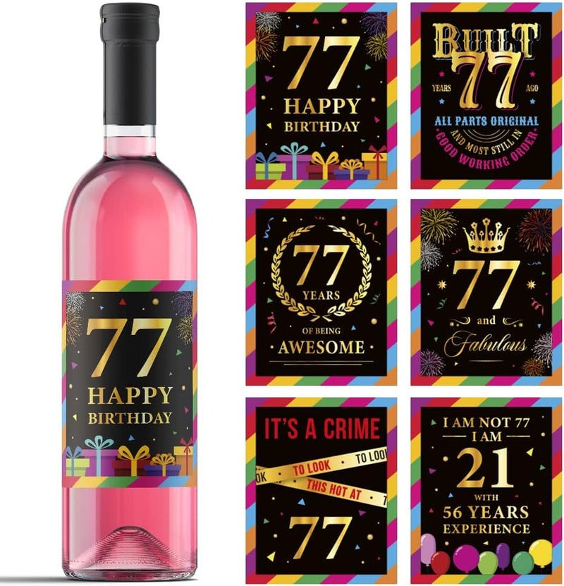 Paintio 77th Birthday Wine Labels - Wine Bottle Stickers Birthday Supplies for 77 Years Old Happy Birthday Party - Gift Idea for Birthday Anniversary - 77th Birthday Party Decorations [Set of 6] - Image 1