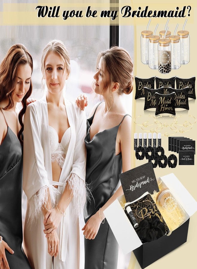 FillTouch مجموعة هدايا فيل تاتش المكونة من 54 قطعة، هدية وصيفة الشرف، تتضمن صندوق هدايا الزفاف، حقيبة مكياج، بطاقة دعوة، كوب زجاجي، مرطب شفاه، ربطة شعر، سوار لحفلة توديع العزوبية (أسود). - Image 4