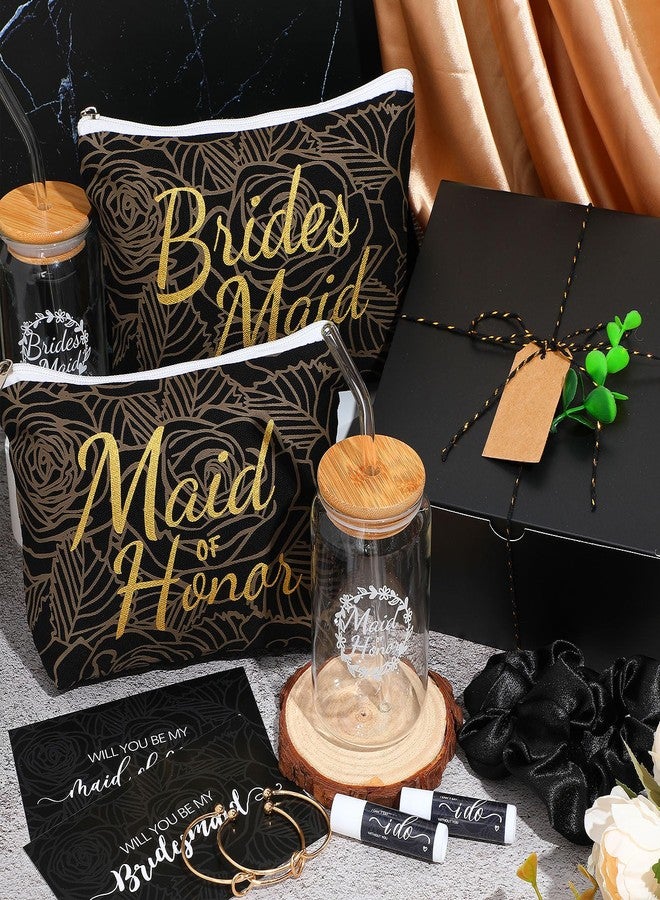 FillTouch مجموعة هدايا فيل تاتش المكونة من 54 قطعة، هدية وصيفة الشرف، تتضمن صندوق هدايا الزفاف، حقيبة مكياج، بطاقة دعوة، كوب زجاجي، مرطب شفاه، ربطة شعر، سوار لحفلة توديع العزوبية (أسود). - Image 5