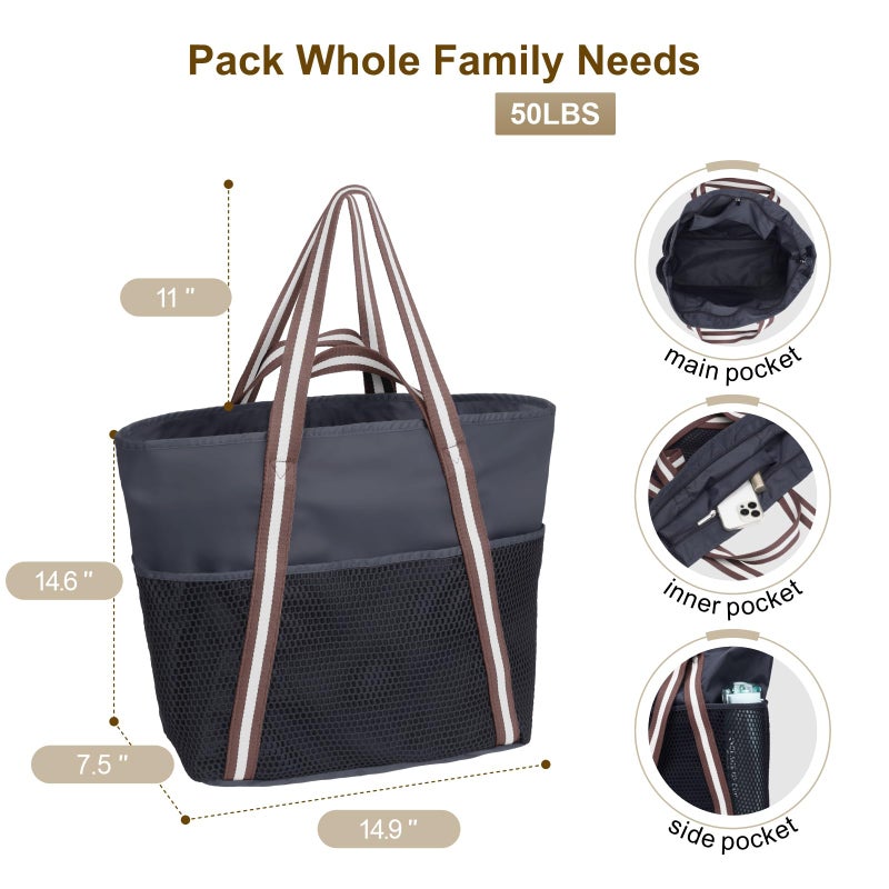 F-color Waterproof Beach Bag with Pockets - Packable Family Capacity Beach Tote Bag with Sandproof Side Mesh Bag for Women, Carry on Swim Bag for Travel Pool Cruise Beach Essentials, Black - Image 2