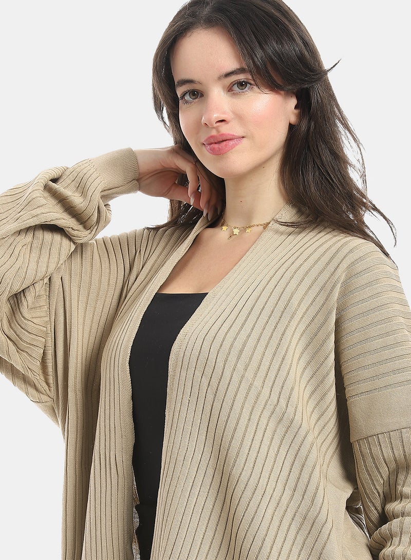 Andora Wide Ribbed Open Neckline Slip On Cardigan_Beige - Image 4