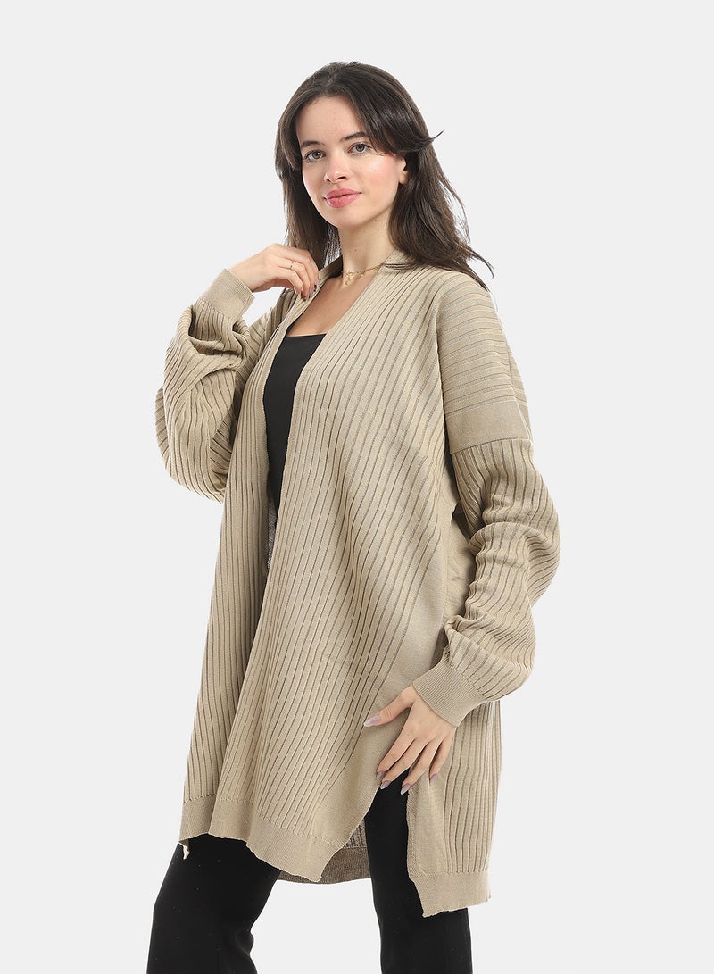 Andora Wide Ribbed Open Neckline Slip On Cardigan_Beige - Image 2