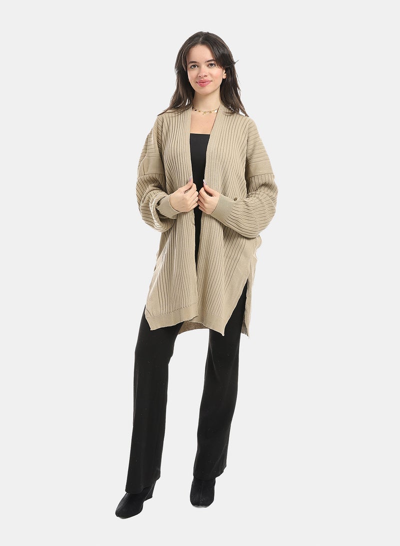 Andora Wide Ribbed Open Neckline Slip On Cardigan_Beige - Image 5