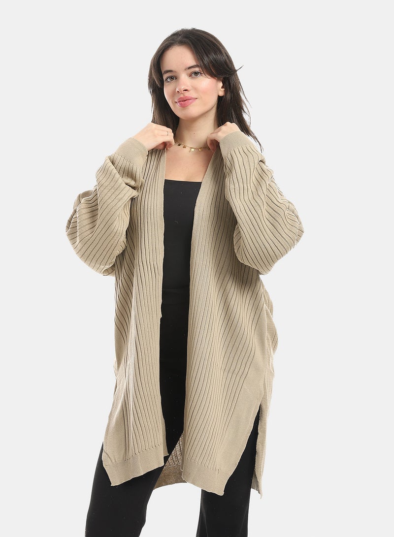 Andora Wide Ribbed Open Neckline Slip On Cardigan_Beige - Image 1