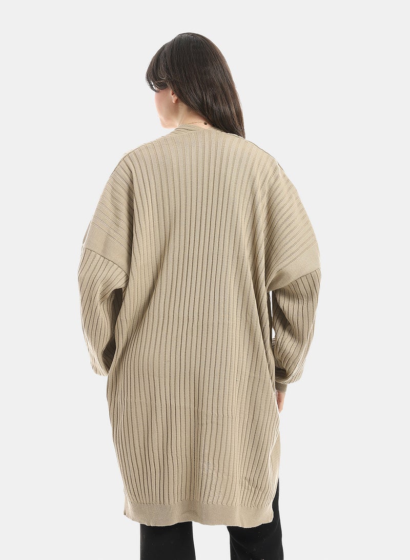 Andora Wide Ribbed Open Neckline Slip On Cardigan_Beige - Image 3
