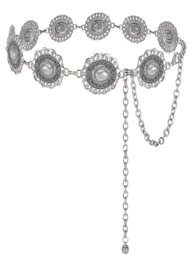 VONMELLI Western Belts for Woman Cowgirl Boho Concho Chain Waist Belt for Country Concert Dresses Jeans, Silver-shiny, S: Fit Waist Size 26"-35" - Image 1