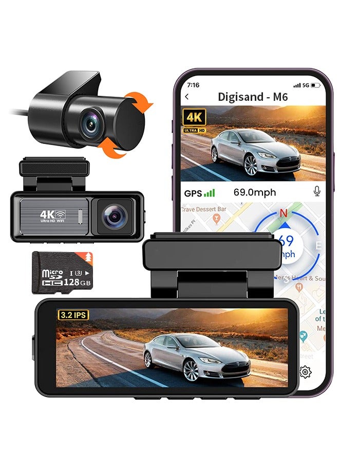 Digisand Dash Cam Car 4k Front and 1080P Rear - 3.2 Inch, 128GB Card, Car Dash Camera Built-in GPS WiFi, Night Vision, WDR Video Recorder - Image 1