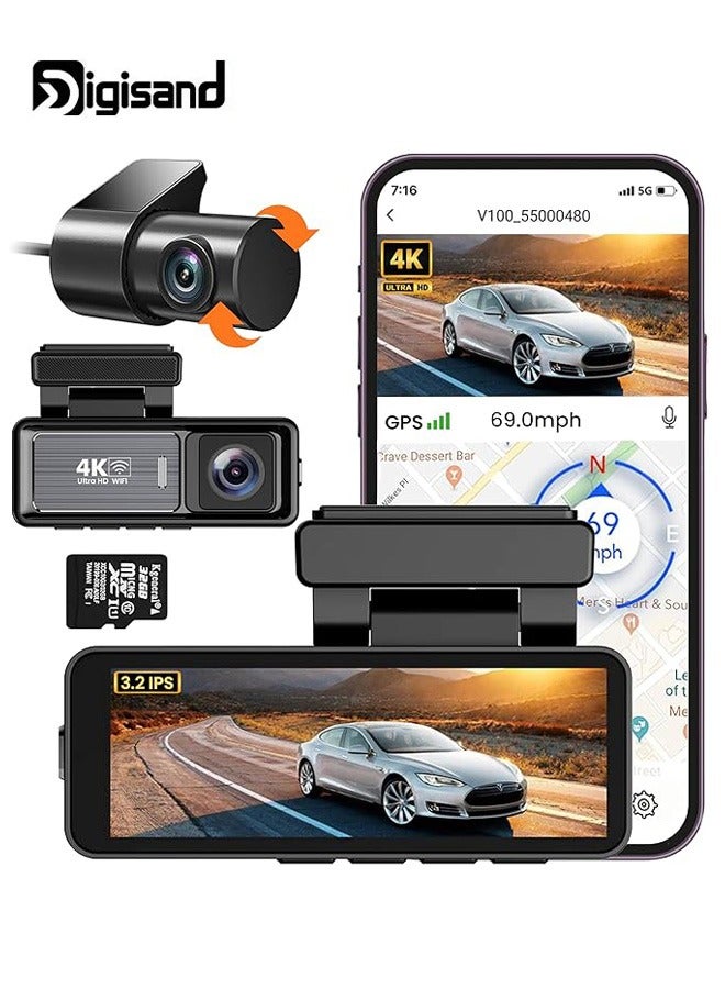 Digisand Dash Cam Car 4k Front and 1080P Rear - 3.2 Inch, 128GB Card, Car Dash Camera Built-in GPS WiFi, Night Vision, WDR Video Recorder - Image 1