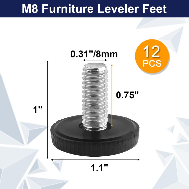 Coidea M8 Thread Furniture Feet Levelers  12 Pcs Adjustable Furniture Feet Threaded Screw In  Leveling Feet Screw On Furniture Glide Leveling For Table  Cabinets  Chairs  Stool Legs - Image 2