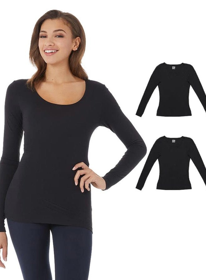 32 DEGREES Women's 2 Pack Ultra Lightweight Thermal Long Sleeve Baselayer Shirt | Scoop Neck Top, Black/Black, L - Image 1