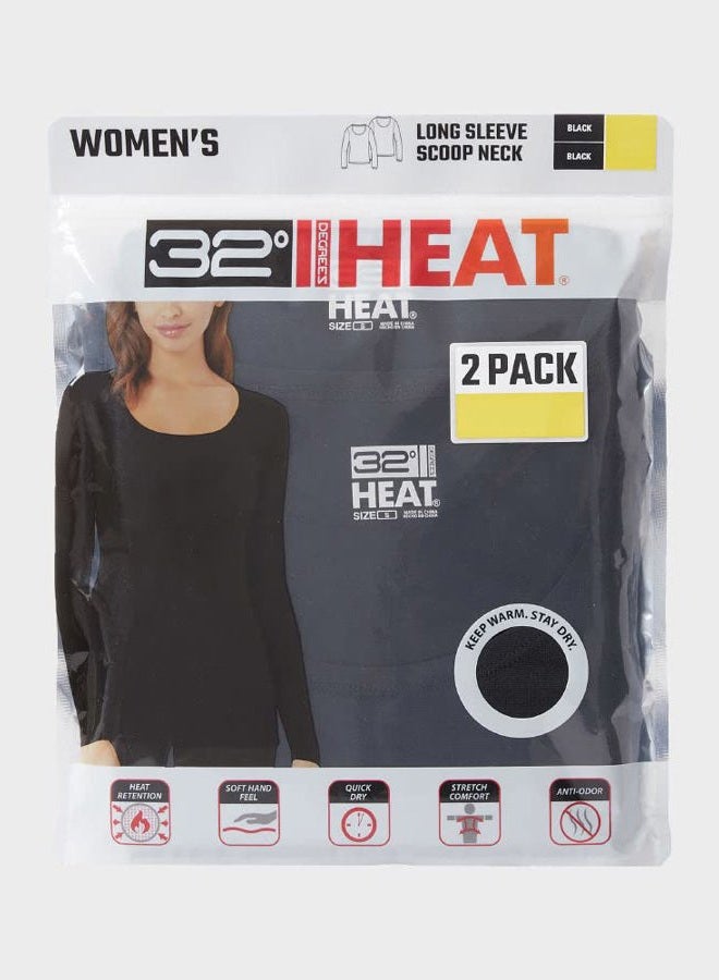 32 DEGREES Women's 2 Pack Ultra Lightweight Thermal Long Sleeve Baselayer Shirt | Scoop Neck Top, Black/Black, L - Image 2