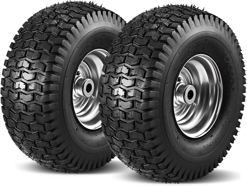 Soiiw 15x6.00-6 Tire and Wheel Front Tire for John Deere Craftsman Husqvarna Lawn Mower | 3" Centered Hub | Bore ID 3/4" | 400 lbs Capacity | Natural Rubber 4 Ply with Tube 2PCS - Image 1
