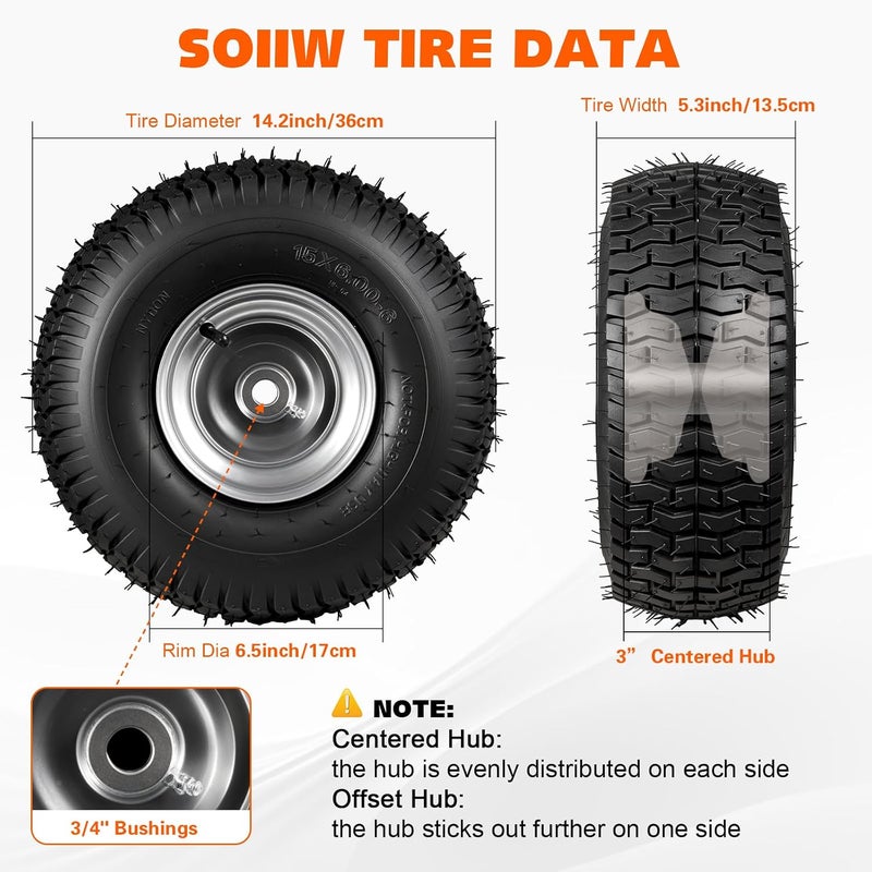 Soiiw 15x6.00-6 Tire and Wheel Front Tire for John Deere Craftsman Husqvarna Lawn Mower | 3" Centered Hub | Bore ID 3/4" | 400 lbs Capacity | Natural Rubber 4 Ply with Tube 2PCS - Image 3
