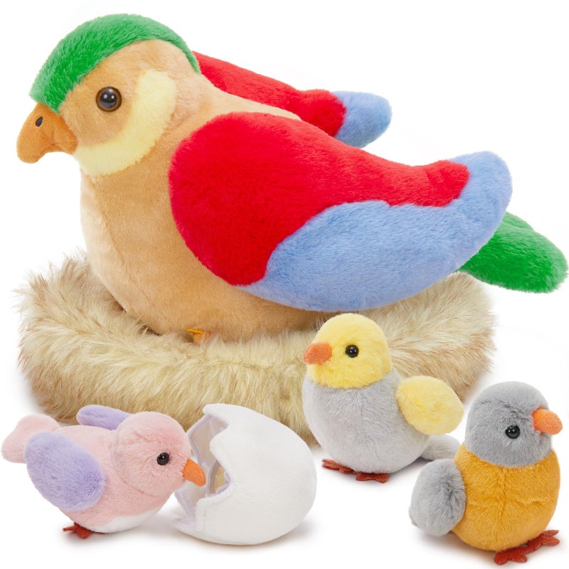 MorisMos 7Pcs Bird Stuffed Animals, Mommy Bird with Babies Eggs Nest, Colorful Birds Plush Toys Gifts for Toddlers, Kids, Boys, Girls, 12inch - Image 1
