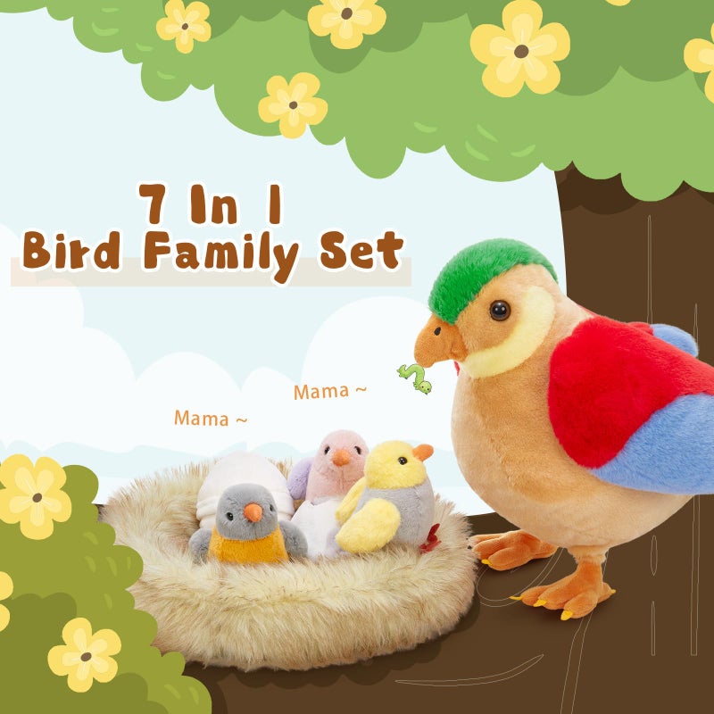 MorisMos 7Pcs Bird Stuffed Animals, Mommy Bird with Babies Eggs Nest, Colorful Birds Plush Toys Gifts for Toddlers, Kids, Boys, Girls, 12inch - Image 2