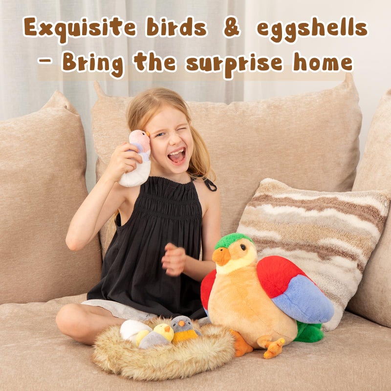 MorisMos 7Pcs Bird Stuffed Animals, Mommy Bird with Babies Eggs Nest, Colorful Birds Plush Toys Gifts for Toddlers, Kids, Boys, Girls, 12inch - Image 3