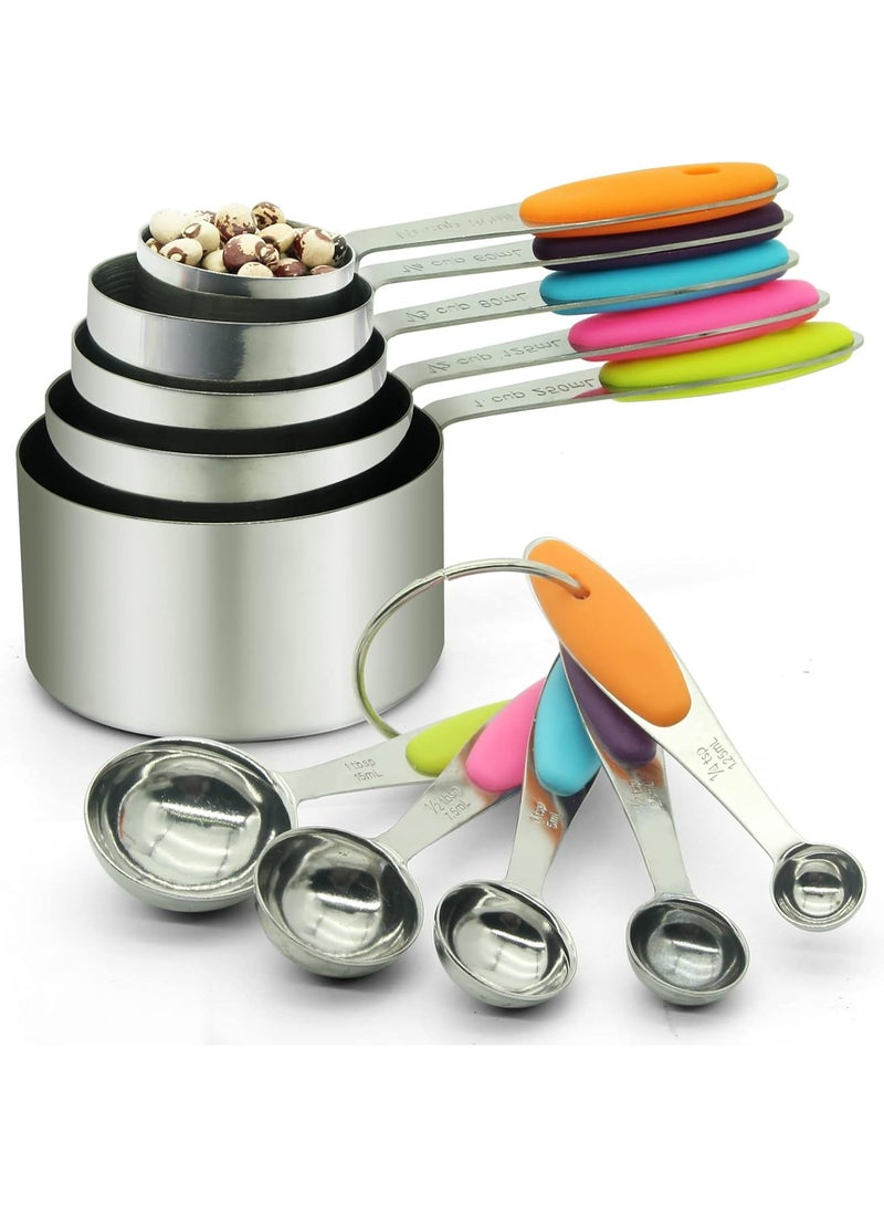 Bukela 10 Piece Measuring Cups and Measuring Spoons Set with Detachable Ring – Stainless Steel Stackable 5 Cups 5 Spoons with Silicone Grip Handle to Measure Dry Liquid Food for Cooking or Baking - Image 1