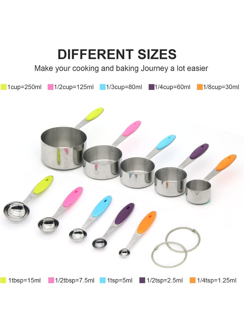 Bukela 10 Piece Measuring Cups and Measuring Spoons Set with Detachable Ring – Stainless Steel Stackable 5 Cups 5 Spoons with Silicone Grip Handle to Measure Dry Liquid Food for Cooking or Baking - Image 3