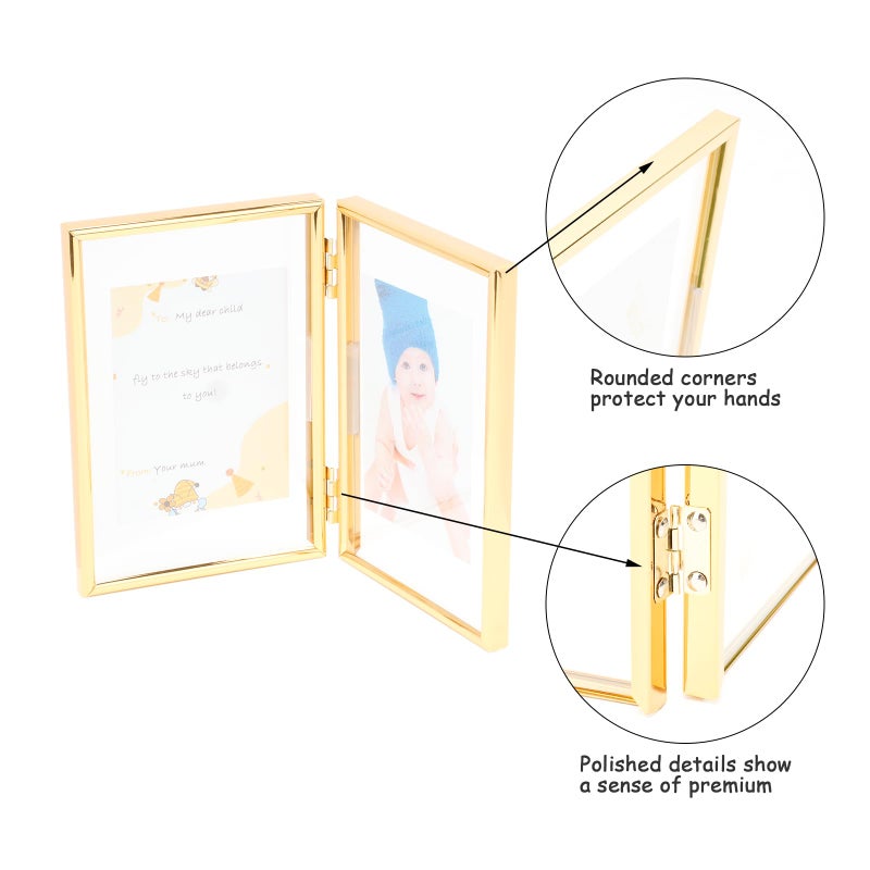 AhaGo Folding Double Frame  Gold Floating Picture Frame with Hinge  4""?6"" for 4""?6"" 3""?5"" 2""?4""  Vertical  Real Glass  Tabletop Use  Classy For Valentine's Day  Wedding  Birthday - Image 3