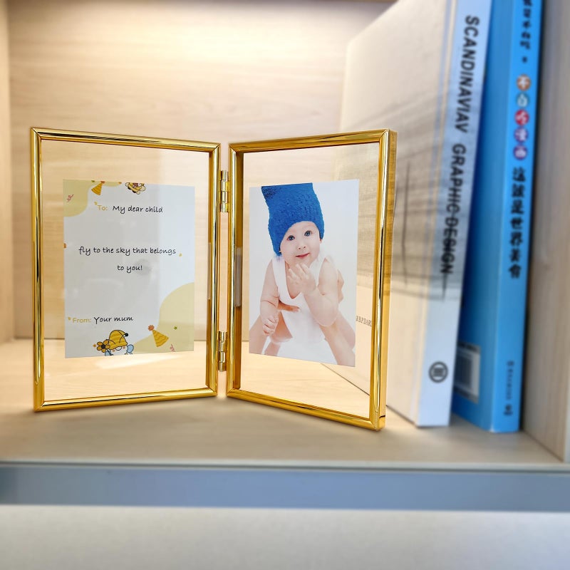 AhaGo Folding Double Frame  Gold Floating Picture Frame with Hinge  4""?6"" for 4""?6"" 3""?5"" 2""?4""  Vertical  Real Glass  Tabletop Use  Classy For Valentine's Day  Wedding  Birthday - Image 4