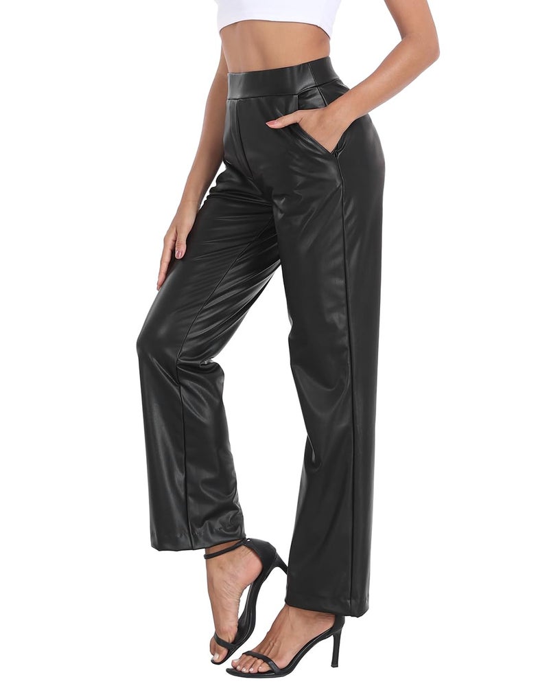 HDE Women's Pull On Faux Leather Kick Flare Pants High Waisted Pant with Pockets Black - M - Image 4