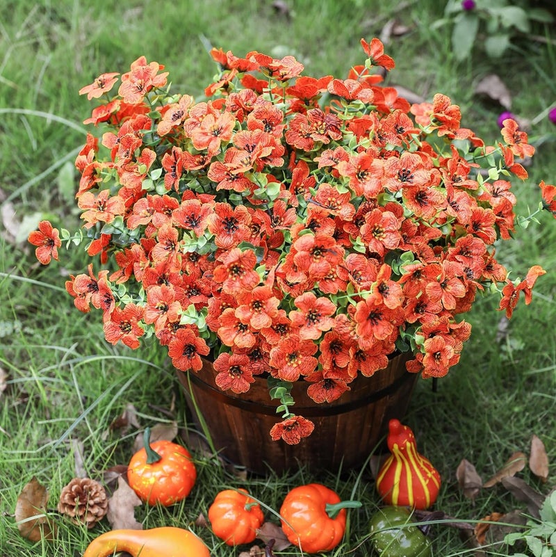 HyeFlora Artificial Fall Flowers Faux Mums for Outdoor Indoor Garden Home Decoration, Faux Flower Daisy with Eucalyptus Leaves Fake Mums Plants Greenery Boxwood Porch Patio, 12 Bundles (Orange) - Image 2