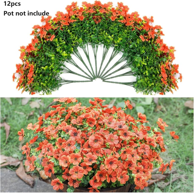 HyeFlora Artificial Fall Flowers Faux Mums for Outdoor Indoor Garden Home Decoration, Faux Flower Daisy with Eucalyptus Leaves Fake Mums Plants Greenery Boxwood Porch Patio, 12 Bundles (Orange) - Image 3