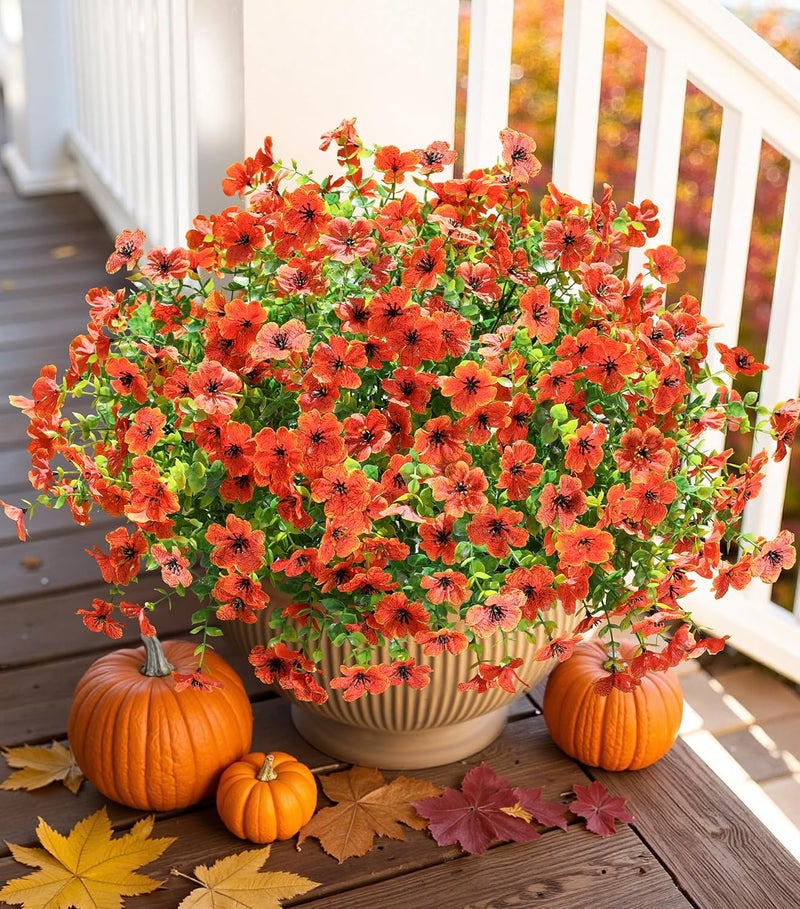 HyeFlora Artificial Fall Flowers Faux Mums for Outdoor Indoor Garden Home Decoration, Faux Flower Daisy with Eucalyptus Leaves Fake Mums Plants Greenery Boxwood Porch Patio, 12 Bundles (Orange) - Image 1