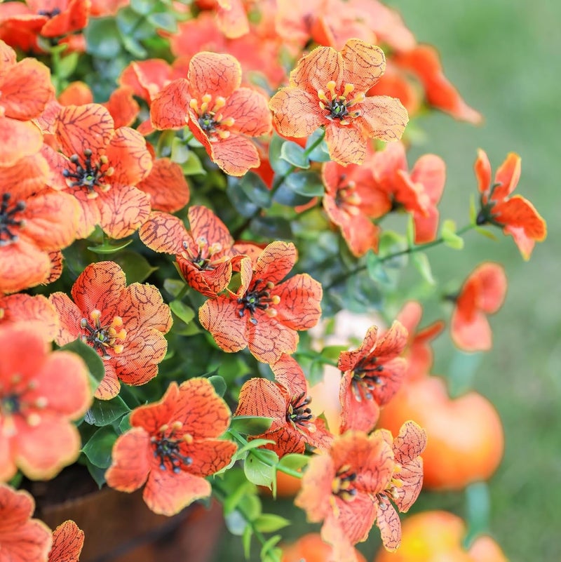 HyeFlora Artificial Fall Flowers Faux Mums for Outdoor Indoor Garden Home Decoration, Faux Flower Daisy with Eucalyptus Leaves Fake Mums Plants Greenery Boxwood Porch Patio, 12 Bundles (Orange) - Image 4