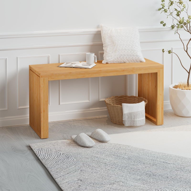 APRTAT Bamboo Dining Bench Indoor Long Entryway Shoe Rack Benchs,Outdoor Modern Wood Benches 35 Inch Bamboo Bench for Living Room Hallway Bedroom Bathroom - Image 2