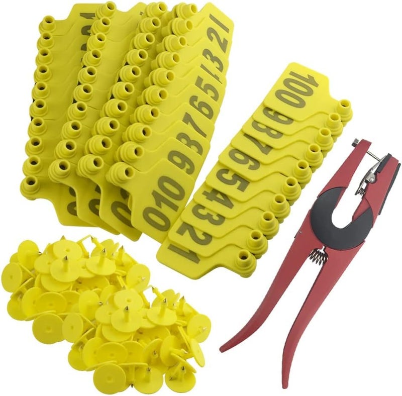 Bethlehem Livestock Ear Tag Set – 100 Yellow Numbered Tags with Red Applicator Pliers & Tools, Durable TPU Animal Identification for Cattle, Goats, Sheep, Pigs, Farm Use - Image 1
