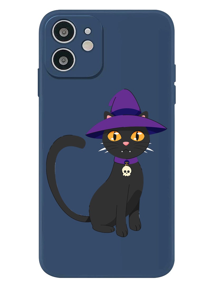 Theodor Protective Slim Fit Case Liquid Silicone Cover with Full Body Protection Anti-Scratch Shockproof Case For iPhone 12 Blue  - Cat wearing hat halloween - Image 1