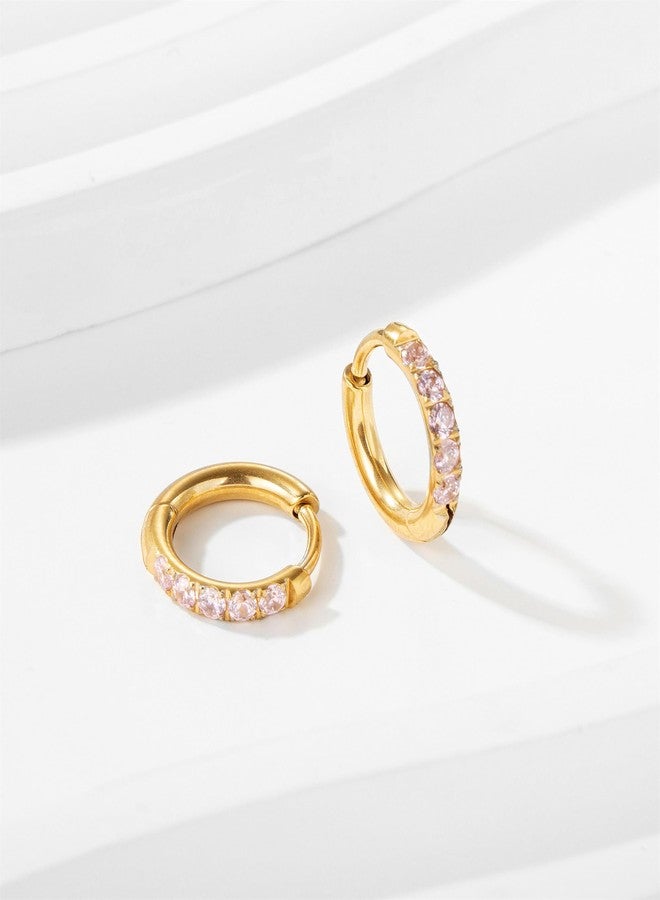 showself Hypoallergenic Unisex Surgical Steel Small Cubic Zirconia Huggie Hoop Earring, Color Gold - Silver - Rose Gold - Black - Rainbow, Size 6mm- 12mm Safe for Sensitive Ear, 6mm, 8mm, 10mm, 12mm, Cubic - Image 2