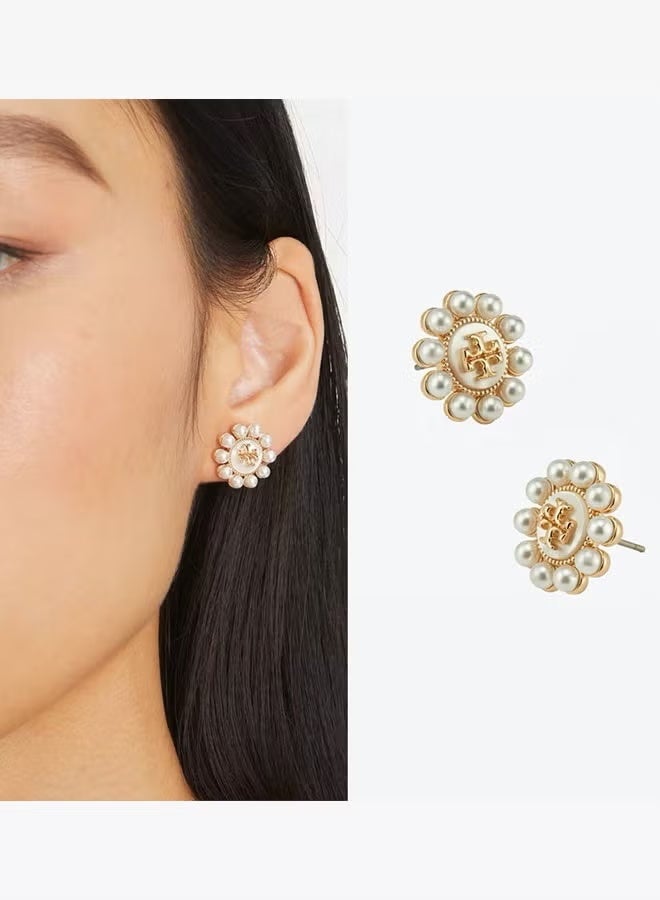 بورش المرأة الدانتيل اللؤلؤ محاطة أقراط مزدوجة T شعار كلاسيكي رائع، صغير وأنيق - Image 1