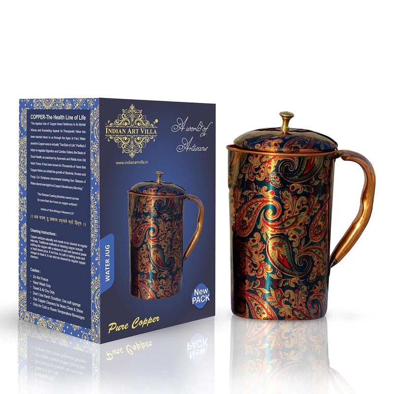 Indian Art Villa Printed Copper Jug Pitcher Storage Serving Water Yoga Ayurveda Healing 1500 ML - Image 1