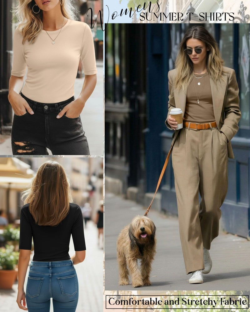Riyiper 3 Pack Women's Half Sleeve Tops Crewneck 1/2 Sleeve T Shirts Elbow Length Tops Slim Fit Cotton Blend Basic Tees(Black, Apricot, Dark Khaki,Medium) - Image 4