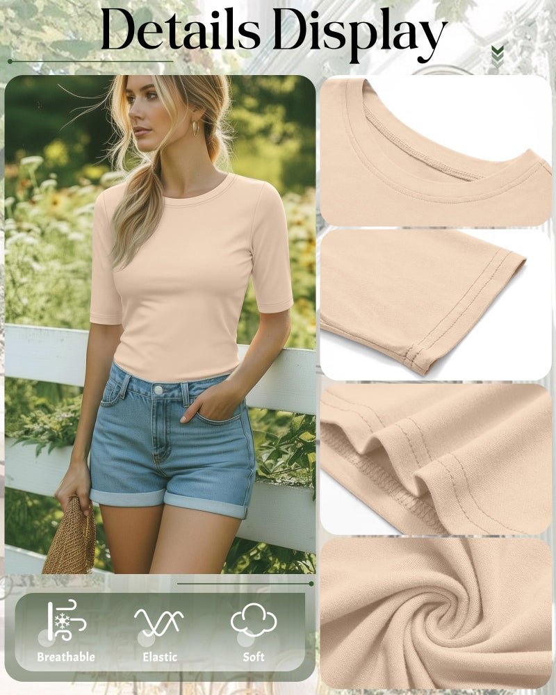 Riyiper 3 Pack Women's Half Sleeve Tops Crewneck 1/2 Sleeve T Shirts Elbow Length Tops Slim Fit Cotton Blend Basic Tees(Black, Apricot, Dark Khaki,Medium) - Image 5