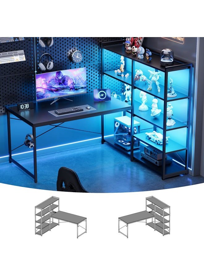 Pamray L Shaped Computer Desk with Reversible Side Storage Shelves, 49 Inch Gaming Desk with Power Outlets and Led Lights, PC Table for Home Office and Bedroom Black - Image 1