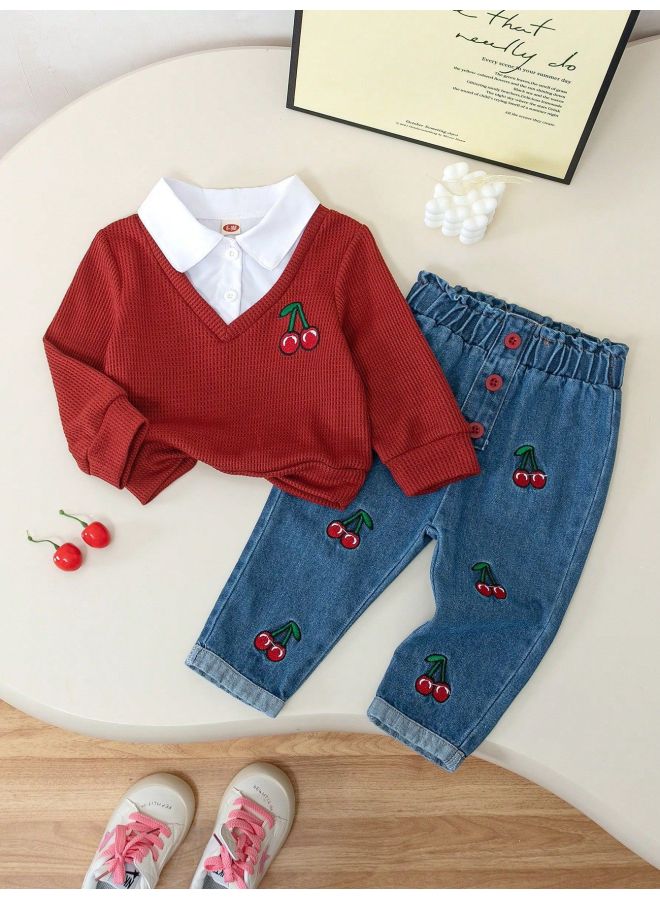 Burgundy Spring Texture Lasel Stitching Top Heavy Industry Cherry Embroidered Jeans Pants Set