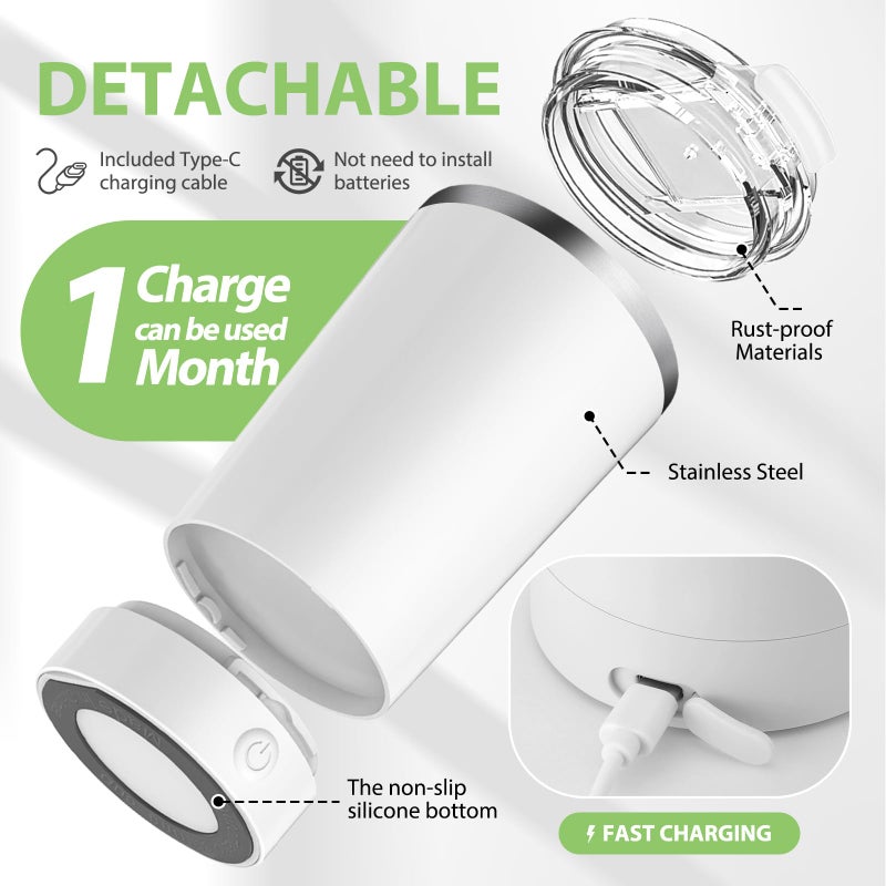 hatisan Self Stirring Coffee Mug With Lid Electric High Speed Self Stirring Mug 400ml Rechargeable Detachable Stainless Steel Self Stirring Cup for Coffee, Milk, Cocoa Christmas Gift(White) - Image 2