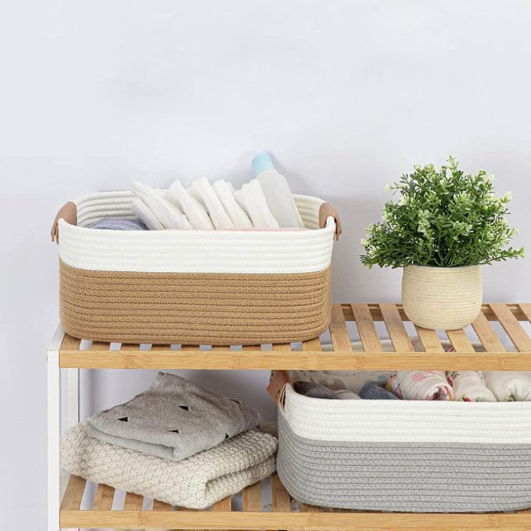 ROYAL TREND Rectangle Jute Rope Woven Basket with Handles for Books, Magazines, Toys - Decorative Rectangle Basket for Baby Nursery, Living Room, Bathroom (grey white),12"L x 8" W x 5"H.inches - Image 4