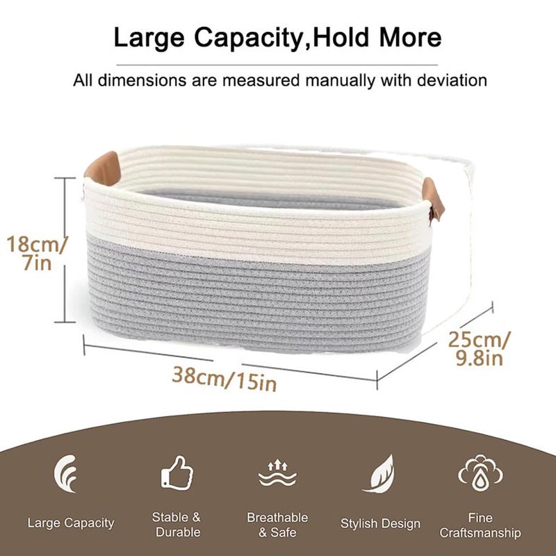 ROYAL TREND Rectangle Jute Rope Woven Basket with Handles for Books, Magazines, Toys - Decorative Rectangle Basket for Baby Nursery, Living Room, Bathroom (grey white),12"L x 8" W x 5"H.inches - Image 3