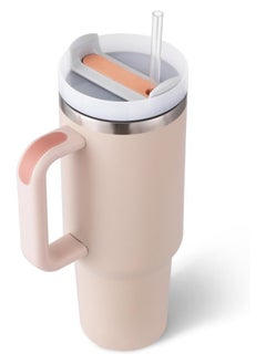 BUPY 40 oz Tumbler with Handle and Straw Lid 2-in-1 Stainless Steel Vacuum Insulated for Hot and Cold Beverages Travel Mug Gift for Car Gym Camp Home Office, Light Pink  - Image 2