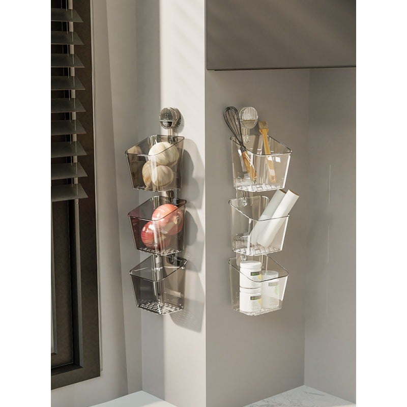 Scallion, Ginger and Garlic Storage Basket Sucker Storage Rack Kitchen Wall-mounted Storage Artifact Non-perforated Ginger and Garlic Small Hanging Basket([transparent color] suction cup basket) - Image 2
